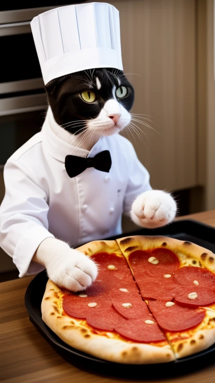 Cat chef is going out to serve a big pizza to dog, his best friend. 