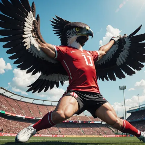 Bird hawk mascot playing football, Indonesian national team football shirt, animal