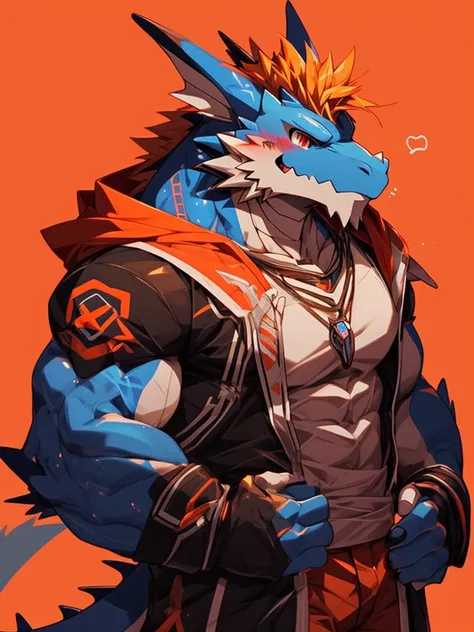 male，blue dragon，orange arm，orange hair，muscle，Lean meat texture，Visible abdominal muscles，Hooded black jacket，blush，Big red eyes，blank background，Multiple angles of the same character 1:5，masterpiece，4k quality