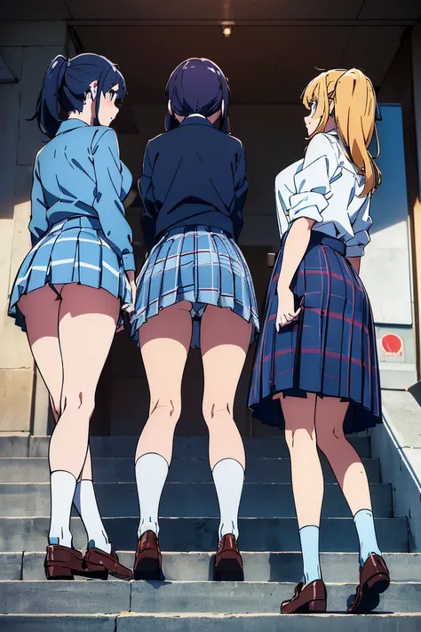 ((highest quality, 8K, RAW photo)), sharp focus 1.5,((High school girl３people were lined up))twin tails,ponytail,shortcut,Rear view((When you go down the stairs at the station))((pants 3 people)),(((Low angle blue light blue plaid mini skirt)))(((loose soc...