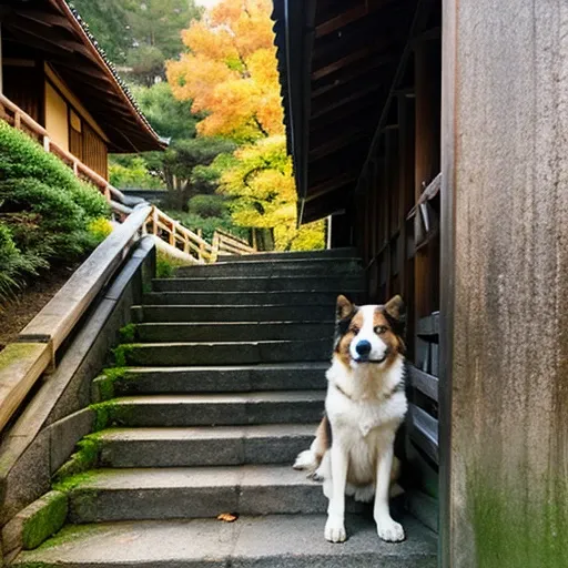 A guardian dog is sitting on the stairs facing straight ahead.,wooden,Temple of Japan,temple bell,Tesuisha,Jizo,waterfall,autumn leaves,端の方にJizoの像が小さく置かれている,stairs in the precincts,deep in the mountains