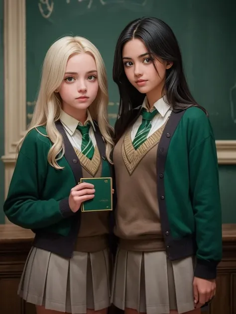 Photograph of two girls of the same height, una con cabello blanco, otra con el cabello rubio claro, both with brown and white eyes, bonitas, en hogwarts, con el uniforme de hogwarts, Slytherins, hijas de grindewald. lado lado, hogwarts hall, magia, herman...