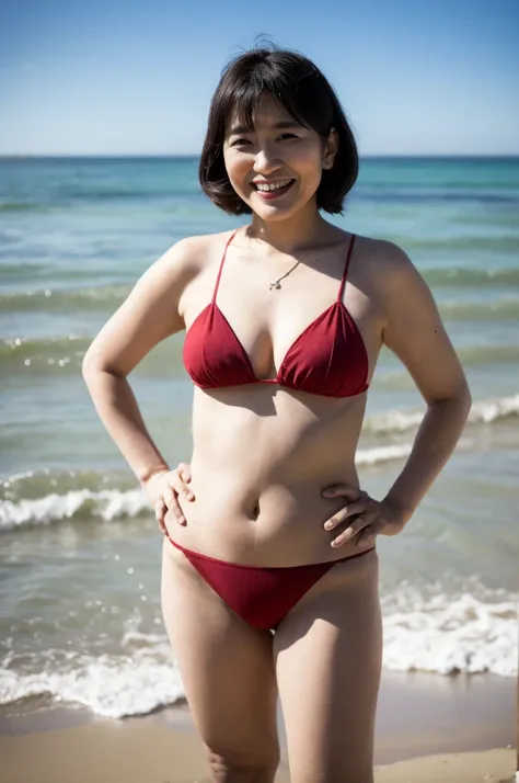 masterpiece, best quality, 8K, absurdres, beach, ocean, old woman, glad, smiling, standing, hands on hips, making a peace sign, looking at viewer, short hair, wave hair, black hair, eyes open, pale skin, fair skin, plump, red strings bikini, piercing, neck...