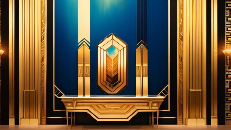 (Masterpiece, Best Aesthetic, Art Deco Painting), Elegant and ornate, Golden and metallic accents, Geometric and intricate patterns, Illustrated on a large canvas, Vibrant and bold color palette, Exquisitely detailed, Fine-grained texture, Realistic and ph...