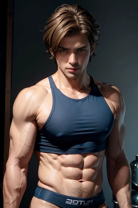 Muscular dude，8K Ultra HD resolution，short hair，Full chest muscles，abdominal muscles，rough real skin，Sexy and charming expression，blue eyes