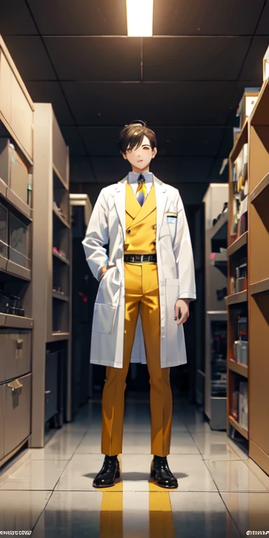 ((best quality)), ((masterpiece)), (detailed),full body anime picture of a male squad member , yellow outfit ,  1 person , white lab coat , squad , scientist