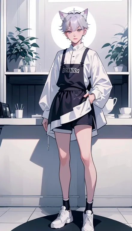 1boy、Full body illustration、Standing Pose、shorts、Full body Esbian、short hair、silver haired ，sneakers、Purple mesh hair，wolf ears、Lipstick，glossy lips，Gentle source of light，apron、Cafe，shyness、Troublesome pose，nice ，High level image quality，mirror ball，profe...