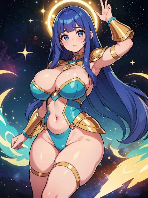 (melhor qualidade, obra-prima), 1Meninas, (corpo BBW), (celestial armor), (cosmic girl), (glowing hair), (space), corada, rechonchuda, Fofa, emphasis on the thighs, Pose sexy, seios grandes,