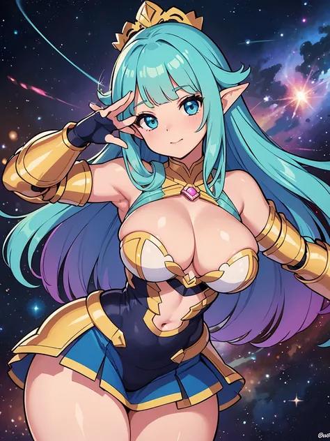 (melhor qualidade, obra-prima), 1Meninas, (corpo BBW), (celestial armor), (cosmic girl), (glowing hair), (space), corada, rechonchuda, Fofa, emphasis on the thighs, Pose sexy, seios grandes,