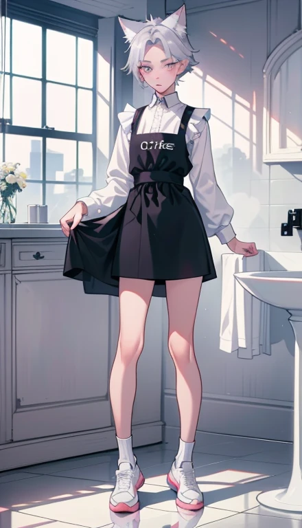 1boy、Full body illustration、Standing Pose、shorts、Full body Esbian、short hair、Forehead、silver haired ，sneakers、Purple mesh hair，wolf ears、Lipstick，glossy lips，Gentle source of light，apron、Cafe，shyness、Troublesome pose，nice ，High level image quality，mirror b...