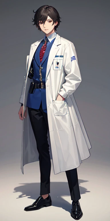 ((best quality)), ((masterpiece)), (detailed),full body anime picture of a male squad member , blue outfit ,  1 person , white lab coat , squad , scientist