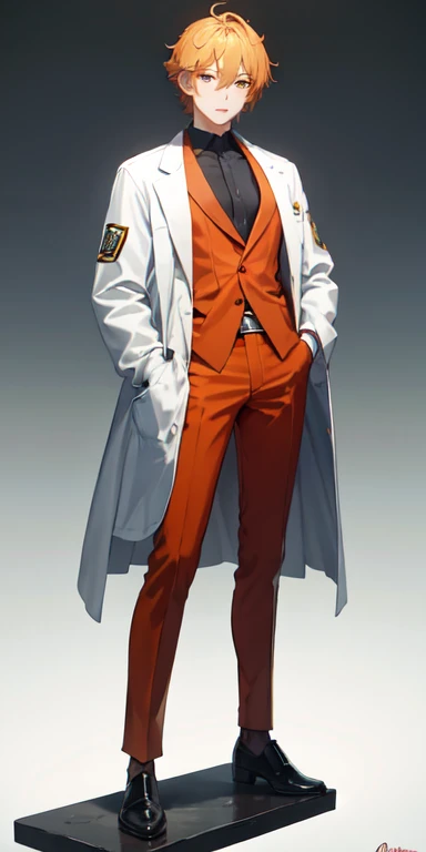 ((best quality)), ((masterpiece)), (detailed),full body anime picture of a male squad member , orange outfit ,  1 person , white lab coat , squad , scientist