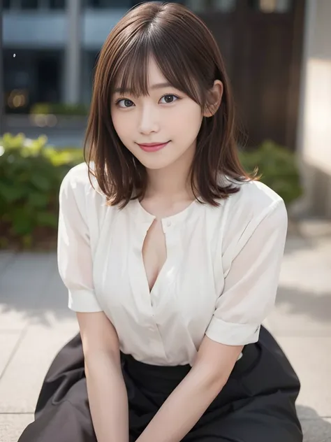 NFSW,In 8K,highest quality:1.4, Super high resolution:1.5, (realistic:1.4),masterpiece:1.2,(highest quality:1.4)、 RAW photo、 (background is blurry),  1 japanese girl, cute, (alone:1.4), (shy smile), smooth skin、 (brown medium hair,bangs),Nogizaka,supple fi...