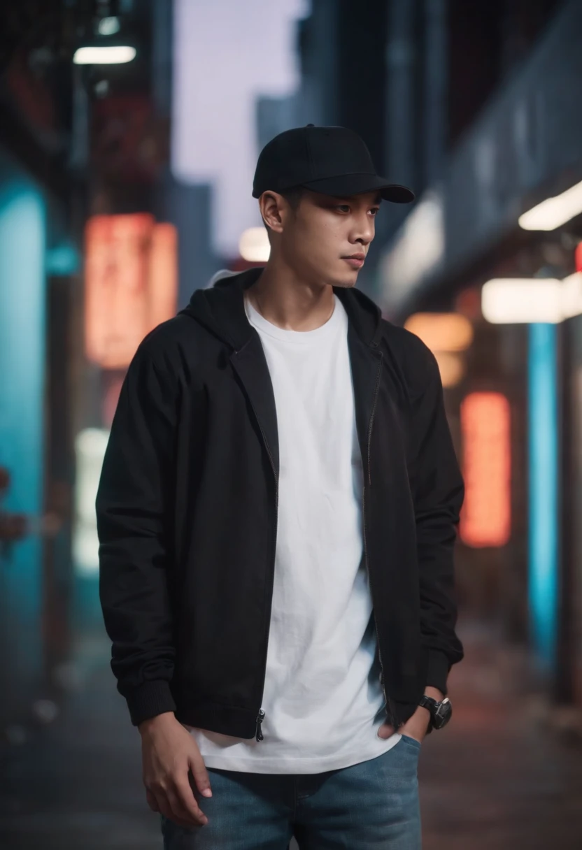 Cyberpunk scene at nigth, 1man, Malaysian, wearing black baseball cap and  white tee shirt, jeans and sneakers on the street, full body portrait, neon light background