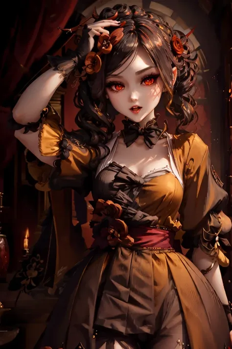 Vampire Girl , Masterpiece, ,(独奏:1.1), a perfect face, (vivid lighting:1.2),beautiful detail eyes, extremely detailed face, perfect  lighting,Masterpiece, Best Quality, 1girl, pale skin, hairlong, 20years old , red eyes, fangs, A glass of blood in his hand...