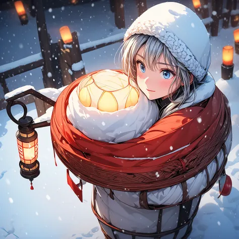 (snow lantern:1.4), masterpiece, high-quality, high-definition, high-resolution, anime style, warm color palette, (Angle looking down from diagonally above, top view), full body, emitting cold air, delivery person, bright lighting, freezing surroundings, (...