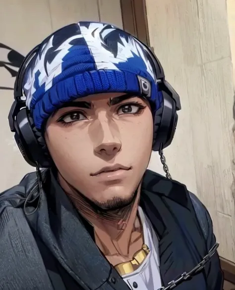 anime guy with headphones and blue cap with a chain around his neck, garoto negro, estilo de arte de anime, acionar estilo de arte de anime, in an estilo anime, ig studios estilo anime, in estilo anime, 2 d estilo anime, estilo de realismo de anime, estilo...