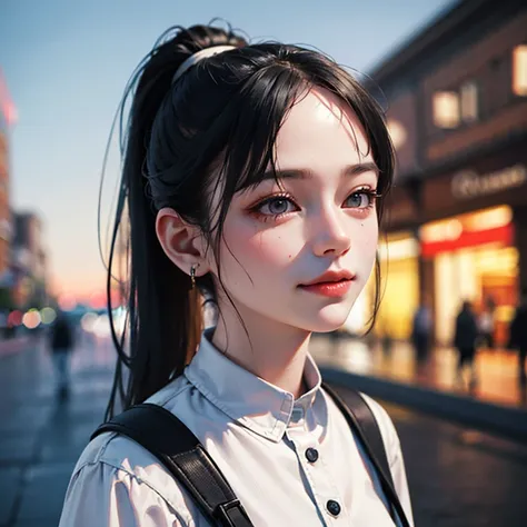 fashion style, masterpiece, highest quality, 8K, art station, sharp focus, (surreal:1.5), (advanced details:1.4), raw photo of young woman, street smiling, Backpack, ponytail, faded, complex surroundings, complex background, soaking wet, (cinematic:1.4),