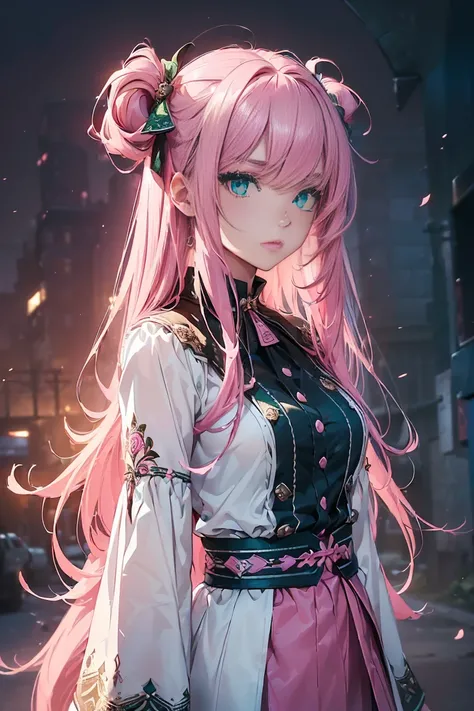 ((1 girl)), latest trend clothing, cowboy shot,((super detailed,highest quality, High resolution, 8k wallpaper, beautiful clothes,)),((pink hair, long hair,straight hair,two side up)) (green eyes),eye shadow, eyeliner,glow eye, highly detailed eyes, compli...