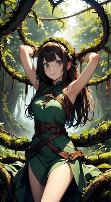 ((masterpiece)), ((best quality)), (ultra-detailed),(in the forest),(monster plant),(((many monster vine wrap arotnd the body))),a cute girl, 1girl, solo, (white girly dress),((many monster vine bound arms)), ((thin waist)),large breast, slim, slender,beau...