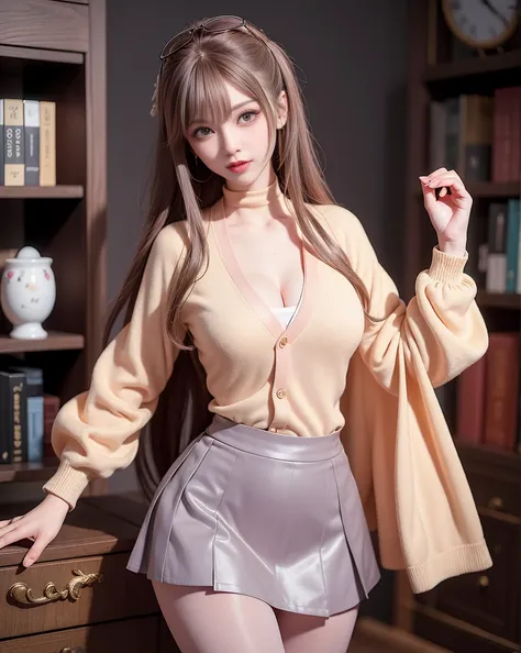 amazing realism, Bokeh, 1 girl (30 years old),Brown saliva,huge breasts,hard nipples,slim waist,wide hips,thick thighs,Stand by a bookshelf in the library,perfect butt,bubble butt,read, yellow pupils,with glasses,((blush)),shy,a small amount of freckles, (...