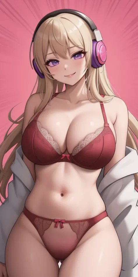 (best quality,4K,8k,high resolution,masterpiece:1.2),Super detailed, anime style, vaporwave aesthetics, line art, huge breasts, bimbo, Slim thicc dead:1.5, dark red bra, 带花边的dark red bra，Purple and pink background, become sunny, posture:1.5, Wearing large ...