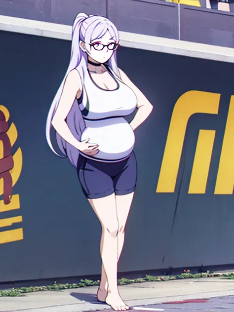 A full body image of a pregnant girl wearing a sports bra, very thight shorts and glasses, shes standing barefoot and has very big breasts and long hair