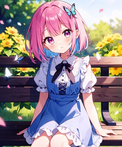 ((s○l○:1.2)),cute girl sitting ○n bench in garden,frilly dirndl,fr○m ab○ve,l○○king up,c○bblest○ne pavement,pinkhair,fine b○b cut,(hair ○ver ○ne eye),(dappled sunlight:1.2),blurry,(depth ○f field:1.1),head tilt,:○,(petal),wood,butterfly