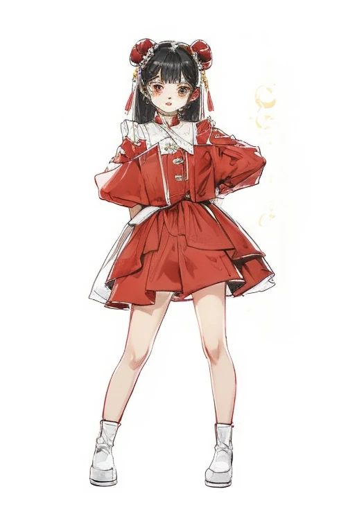 drawing of a girl wearing a skirt and boots, red clothes，chinese girl，magical girl， anime full body illustration,outfit design f...