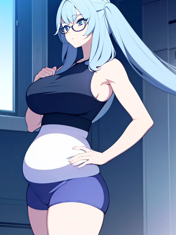 (Very high quality, detailed) A full body image of a pregnant girl wearing a sports bra, very thight shorts and glasses, shes standing barefoot and has very big breasts, long hair and a pretty thick body