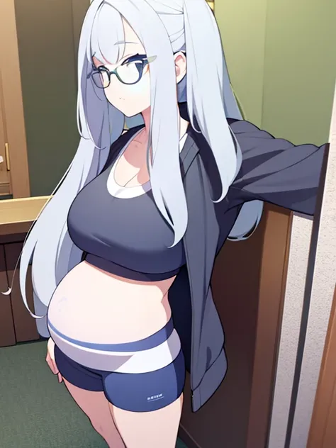 (Very high quality, detailed) A full body image of a pregnant girl wearing a sports bra, very thight shorts and glasses, shes standing barefoot and has very big breasts, long hair and a pretty thick body