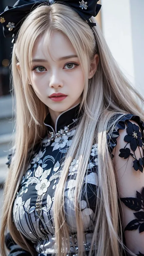 a close up of a woman with long blonde hair wearing a black dress, lalisa manobal, white hime cut hairstyle, with white long hair, with long white hair, lalisa manoban of blackpink, chinese girl, anime girl cosplay, palace ， a girl in hanfu, traditional ch...