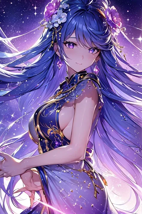 With amethyst motif,Pretty, one person, blue hair, ahoge, hair behind ear, hime cut, crystal hair, hair flower,water, pupils sparkling, diamond-shaped pupils, smile, Genre painting, sparkle, reflection light, move chart, anatomically correct, textured skin...