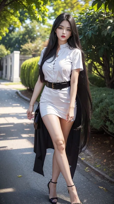 highest resolution, 8K, high definition, นักศึกษาthailand, woman, half-caste, thailand, Japan, Korea, Height 173 centimeters, ((stand, walk)), (Beautiful face, แต่งBeautiful face, Double eyelids, red lips), Long hair reaching the calves, (My hair is long t...