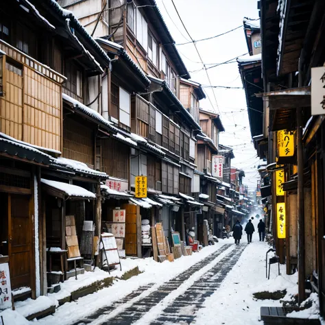 Old Japanese townscape, rows of stores, narrow alleys, many people passing by, snowfall,