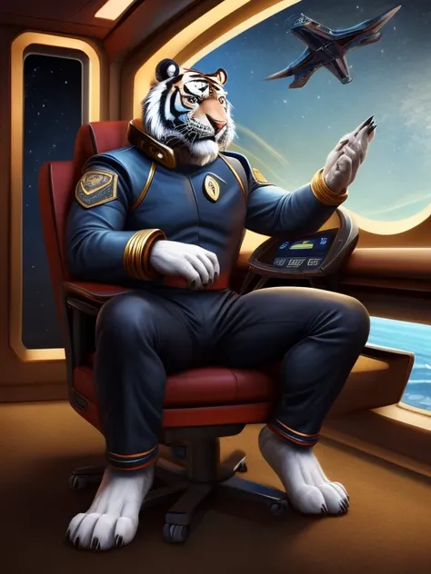 The barefoot white male tiger exudes confidence and authority as he sits in the captains chair, and his red and black Star Trek Voyger uniform with the Starfleet Delta badge on his chest is a perfect match for his full figure. Handsome large clawed paws do...