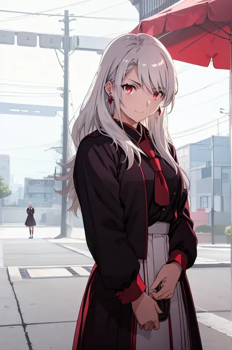 sukeban illyasviel_von_einzbern, mature_female, silver hair, holding yoyo, combat pose, full body, flowing hair, hair between the eyes, asymmetrical hair, red eyes, delicate facial features, sukeban deka clothe, looking_at_viewer, outdoors, background toky...