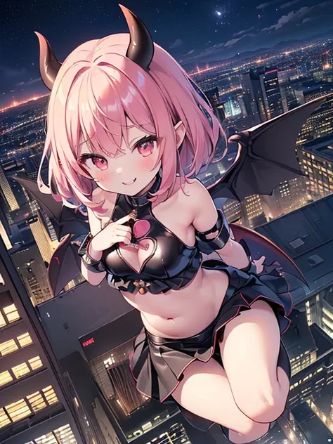 最high quality、best image quality、masterpiece、realistic skin、NSFW:1.2、cute 、Teenager woman、((18-year-old、 body shape、Satan, succubus、devil、 devilの尻尾, belly button, Black wings,、Leather skirt、wicked smile:1.2、orgasm:1.5)）high quality、、With background((flying...