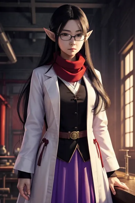 1woman, Japanese, (mature woman), scientist, female Elf, (noble lady), detailed face, beautiful face, face with square glasses, serious expression, stern expression, very long elf ears, long straight hair, (black hair:1.5), thin eyes, detailed eyes, bright...