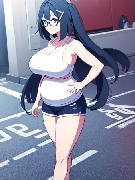 (Very high quality, detailed) A full body image of a pregnant girl wearing a sports bra, very thight shorts and glasses, shes standing barefoot and has very big breasts, long hair and a pretty thick body