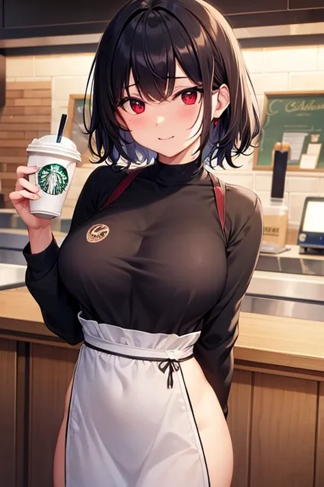 gil naked but with a Starbucks apron with e cup breast with red eyes and black hair