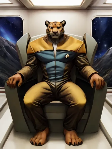 The barefoot white male tiger exudes confidence and authority as he sits in the captains chair, and his red and black Star Trek Voyger uniform with the Starfleet Delta badge on his chest is a perfect match for his full figure. Handsome large clawed feet pa...