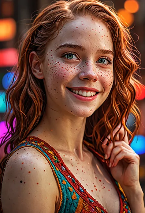 poster,movie poster , award winning photo of 1girl, (extremely detailed, realistic, perfect lighting, vibrant colors,intricate details), (freckles:0.2):0.2),high detailed skin, pale skin, the way that i imagine music, jazzy smile , best quality, masterpiec...