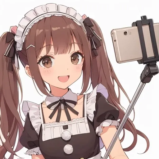 Maid with twin-tailed brown hair taking a selfie with a selfie stick