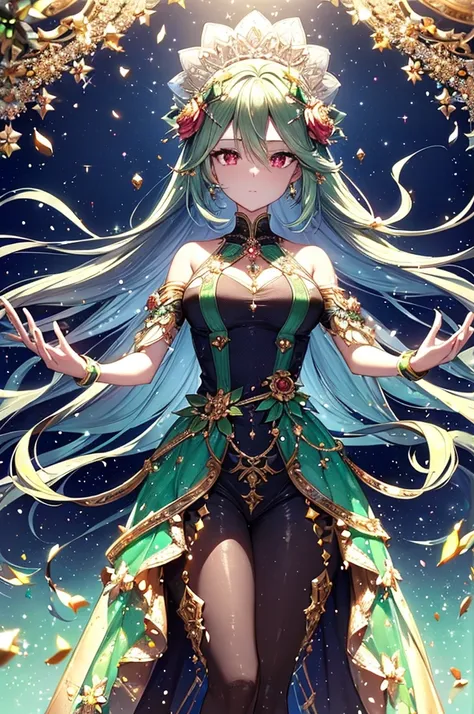 With emerald motif,Pretty, one person, green hair, ahoge, hair behind ear, hime cut, crystal hair, hair flower,water, pupils sparkling, diamond-shaped pupils,  Genre painting, sparkle, reflection light, move chart, anatomically correct, textured skin, supe...