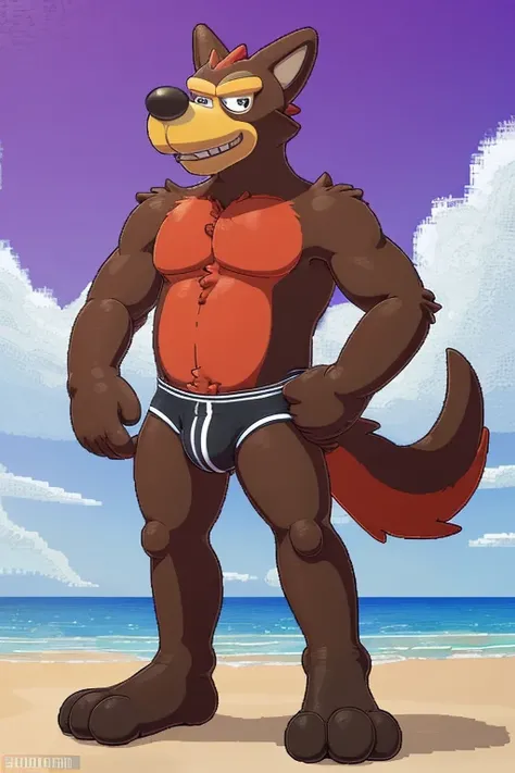 hi-res, good graphics, great anatomy, anatomically correct, digital art, A Wolf in briefs, (by phosaggro, mabit, fuzzyjay, anti dev), solo, standing on the beach