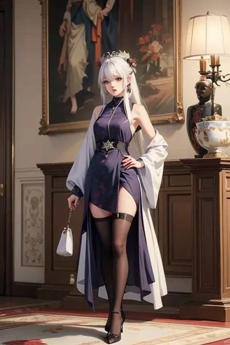 Unicorn anthropomorphic female high detail white hair purple pupils，Game of the original painting，black紧身衣，Sword in hand，whole body站姿，，Royal sister，no background，whole body，whole body，Standing posture，black，High heel，