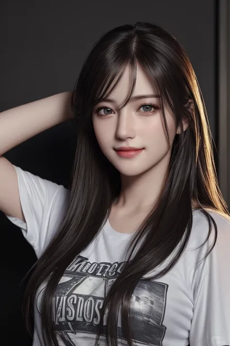 (8K、highest quality、masterpiece:1.2)、(realistic、フォトrealistic:1.37)、Super detailed、1 girl, long hair, beautiful eyes,  black eyes、beautiful face, detailed eyes and face, T-shirt, dynamic lighting, in the dark, deep shadow, discreet key, cowboy shot、 (lazy s...