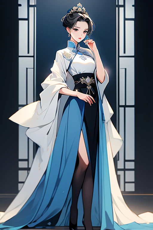 Short-haired royal sister，Chinese style，antiquity，Hanfu， Short white hair，black stockings，High heel，standing posture，Small black skirt，blue top，