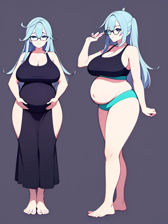 (Very high quality, detailed) A full body image of a pregnant girl wearing a sports bra, very thight shorts and glasses, shes standing barefoot and has very big breasts, long hair and a pretty thick body. She has her hands on her belly and her belly is unc...